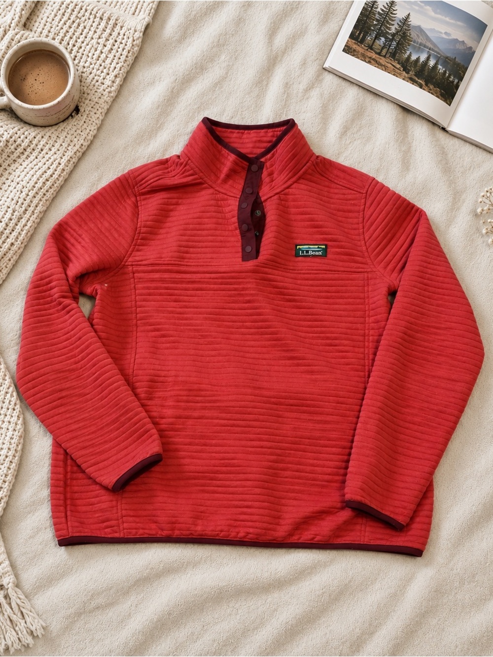 L.L.Bean Sweater Fleece Quarter-Snap Pullover — Red, Size L